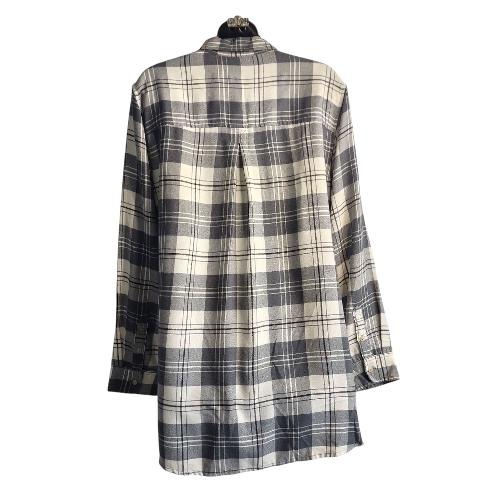 American Eagle Women's White Gray Plaid Check Button Flannel Blouse Size L - Picture 2 of 9